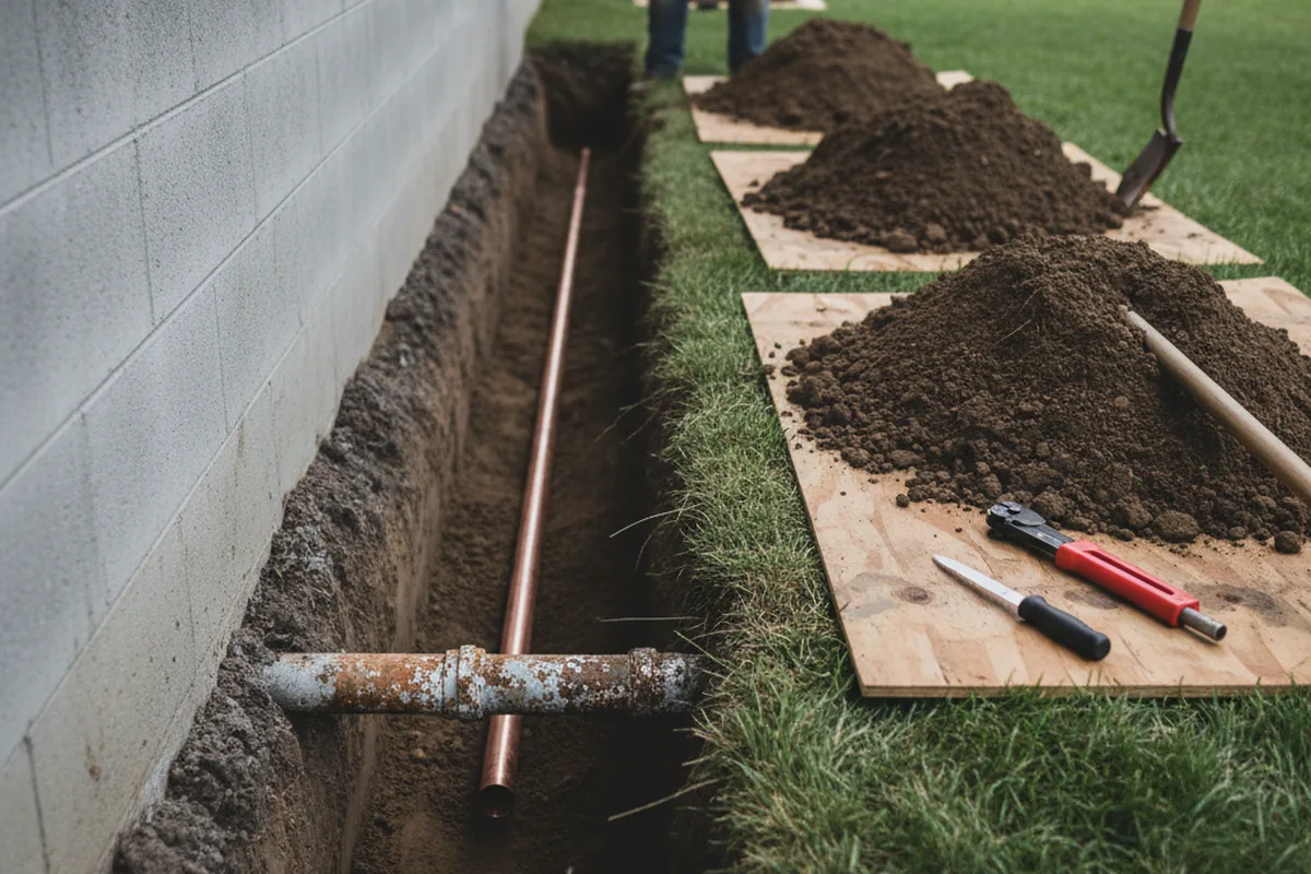 Excavated water line trench during Water Heater Repair in Deer Island